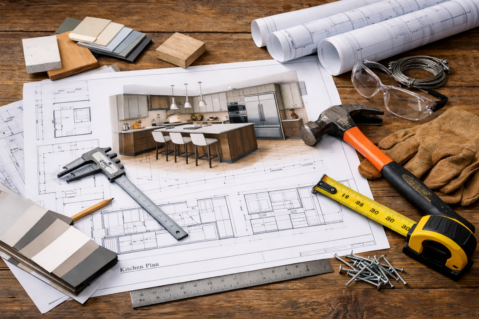 Architectural blueprints and construction tools on a wooden table, representing the seamless transition from kitchen design to construction