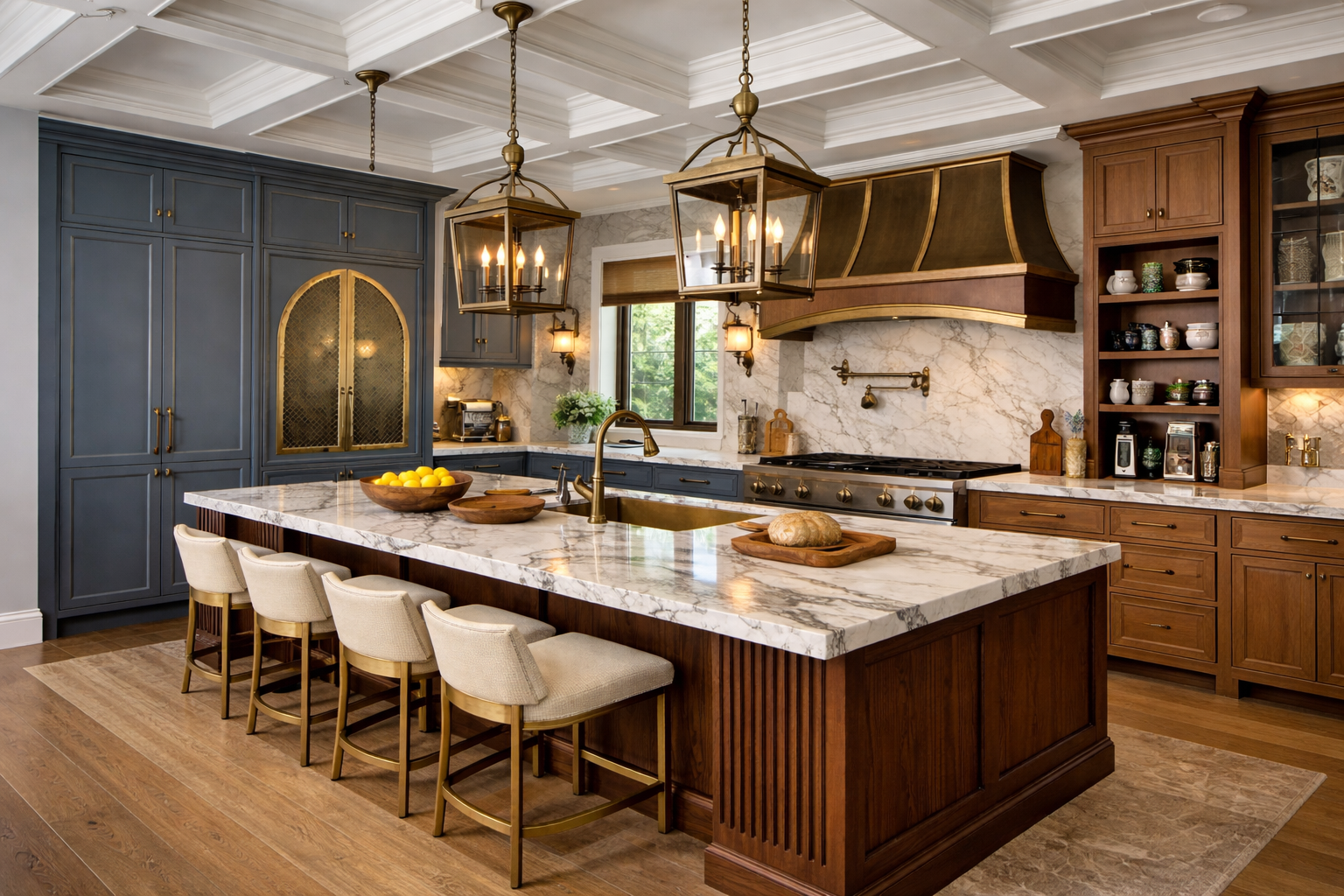 Luxurious custom kitchen with unique cabinetry, a large island, and personalized fixtures, highlighting the customization possibilities